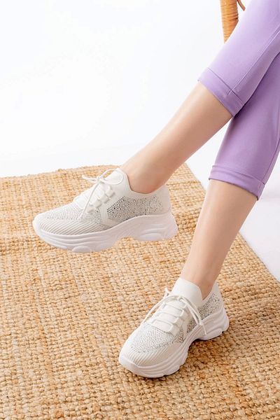 Moda Asmira 3002 White Lace-Up Mesh Casual Sports Shoes with Stone Accessories