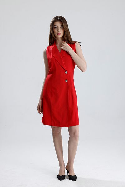 Sense Lined Sleeveless Hurrem Long Jacket Dress |   Red-Red