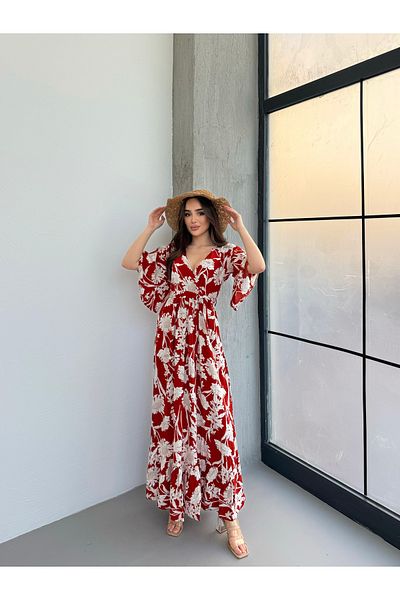 Att Attstil White Lily Pattern on Red Floor Double Breasted Dress