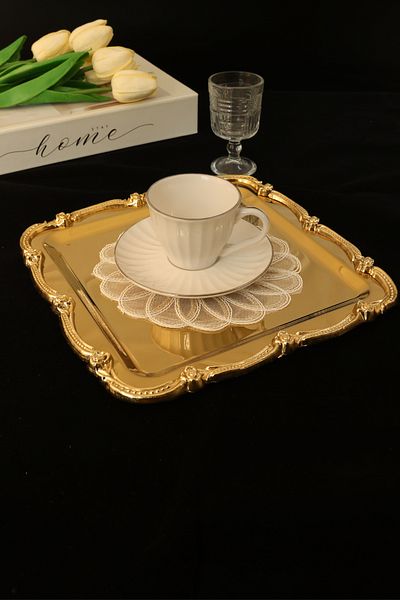 Yaren Style Luxury Rose Figured Stainless Steel Tea, Coffee, Cake, Presentation Tray – Non-Tarnishing Elegance