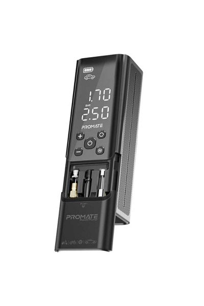 Promate PowerPump 3-in-1 Air Compressor – 150 PSI, 7500mAh Power Bank, LED Light – Black