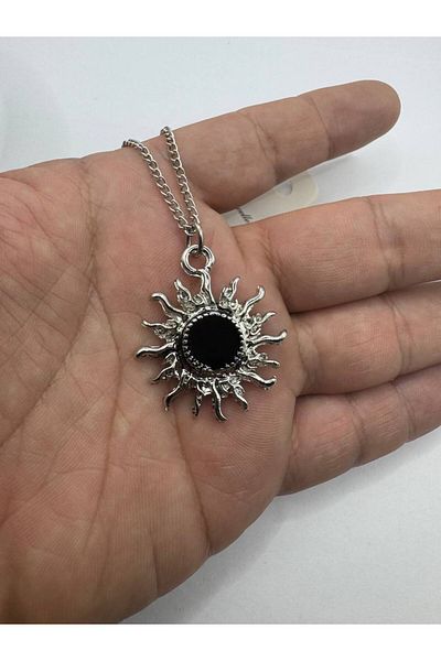 Herşey Nota Unisex Necklace with Black Stone and Sun Figure |   Zamak Plating |   Modern Design with 60 cm Chain