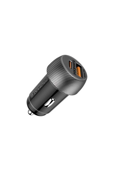 Promate DriveGear-PD33 Car Charger – 33W USB-C PD + 18W QC3.0, Dual-Port, Fast & Compact – Black