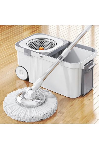 Razo 360° Rotating Mop with Stainless Steel Centrifugal Bucket with Wheels, 4 Microfiber Cloths Included, White/Grey
