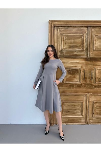 Att Attstil Gray Long Sleeve Midi Length Atlas Fabric Dress