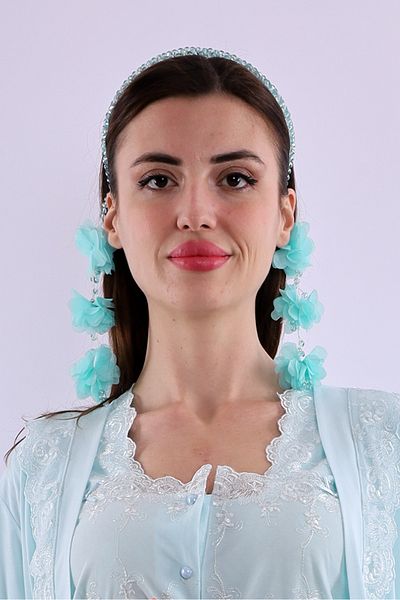 ByLohusa White Pearl Maternity Crown with Turquoise Dangling Earrings 1012