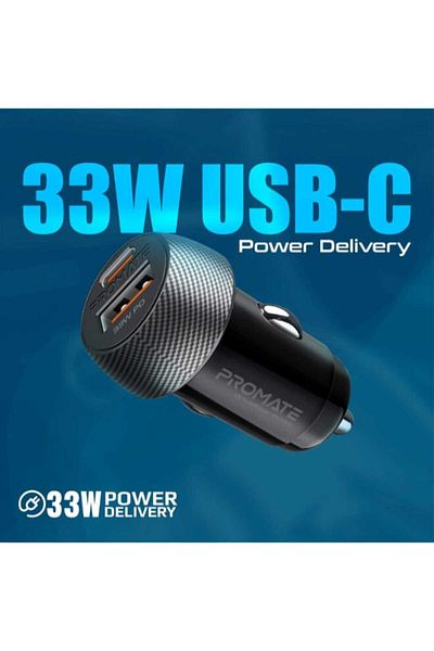 Promate DriveGear-PD33 Car Charger – 33W USB-C PD + 18W QC3.0, Dual-Port, Fast & Compact – Black