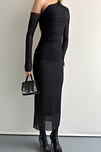 bubeny Tek Omuz, Taşlı Tül Elbise Siyah