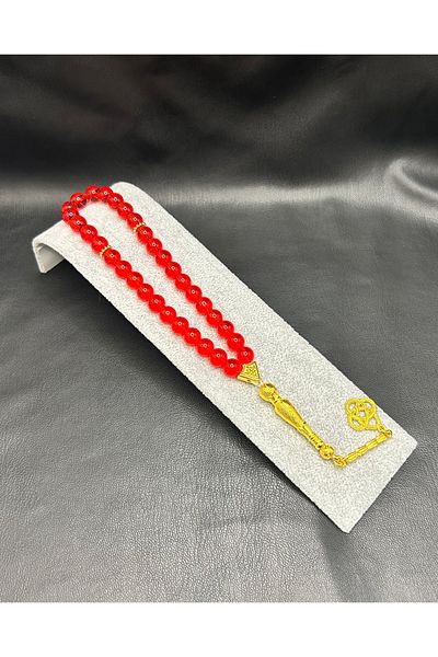 Han Ticarethane Red Glass Prayer Beads with Gold Color Combination