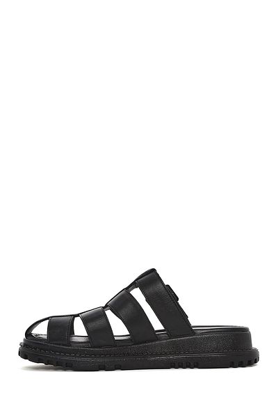 Derimod Women's Black Thick Soled Leather Slippers 25Sfd300618