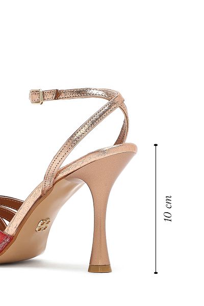 Derimod Women's Gold Ankle Strap Thin High Heels Patterned Leather Sandals 25Sfd1613My