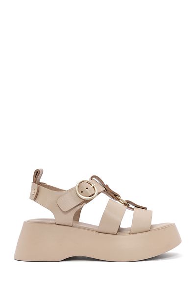 Derimod Women's Beige Ankle Strap Thick Soled Leather Sandals 25Sfd153018