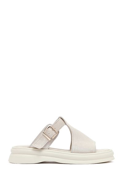 Derimod Women's Beige Buckle Suede Leather Slippers 25Sfd350810