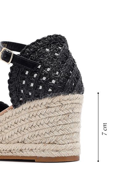 Derimod Women's Black Ankle Buckle Braided Wedge Heeled Espadrille Sandals 25Sfe401929