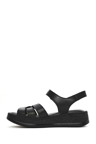 Derimod Women's Black Strappy Thick Soled Leather Comfort Sandals 25Sfd321418