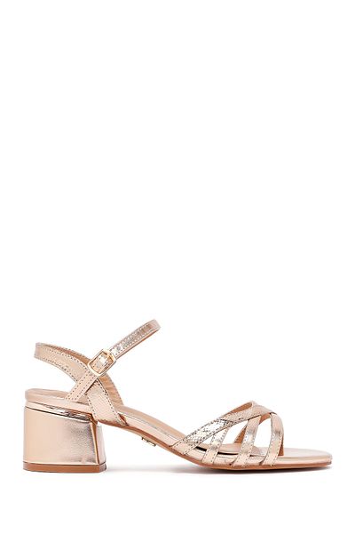 Derimod Women's Pink Ankle Buckle Metallic Thick Heeled Sandals 25Sfe466332