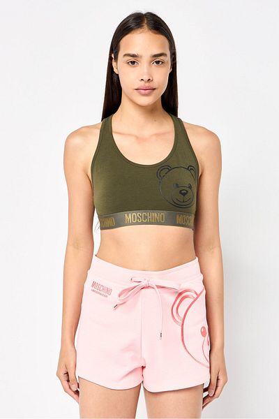 Moschino حمالة صدر رياضية غير مبطنة بشعار العلامة التجارية للنساء، زيتوني