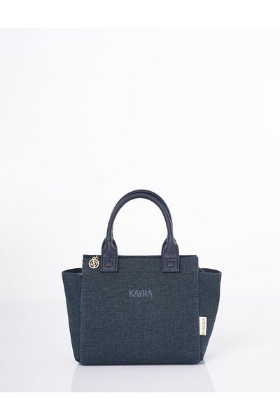 Kayra Medium Size Canvas Bag with Leather Garnish Navy Blue