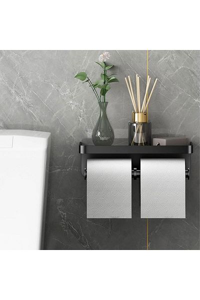 fulina Toilet Paper Holder with Shelf,Modern Aluminium Double Roll Design,Thickened Guardrail,Black