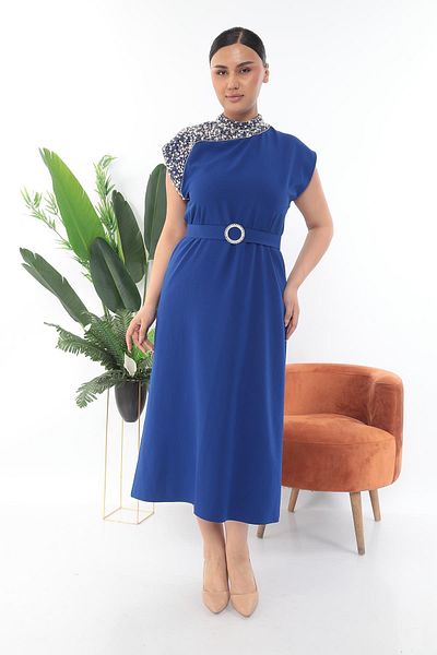 MİSS DİAMOND Saks Short Dress with Stone Embroidered Belt on the Collar and Shoulder