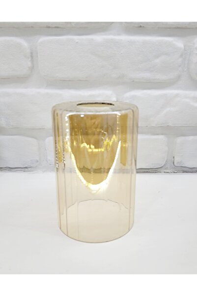 Genel Markalar Bal Rengi Çizgili Parlak Boru Cam Avize Şamdan Abajur Camı Yedek Parça 10x15 cm E27 Duya Uygun