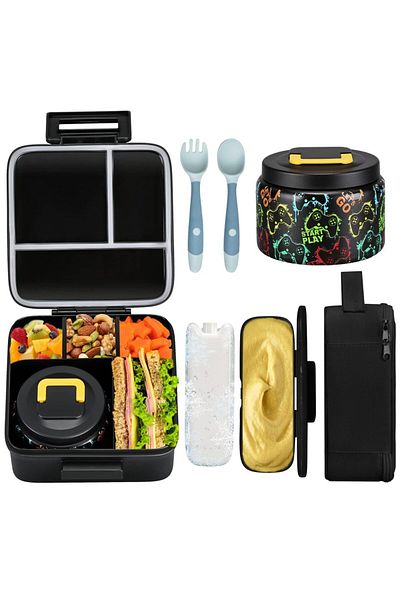 Choice Other 1 5 black Bento Lunch Box for Kids With 8oz insulated vacuum food jar, Lunch bag, ice pack, an