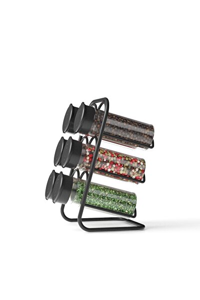 Tekno-tel Teknotel Metal 6-Piece Salt and Spice Stand 6 Pieces Glass Spice Mat Black Mg028