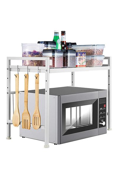Quasar & Co. Microwave Oven Shelf ®, Kitchen support, metal, 3 Hooks, Rack Model, 40-60x32x48cm, white