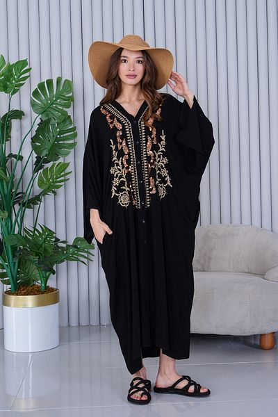 EL jadida Women's Embroidered Buttoned Plus Size Long Viscose Dress Black