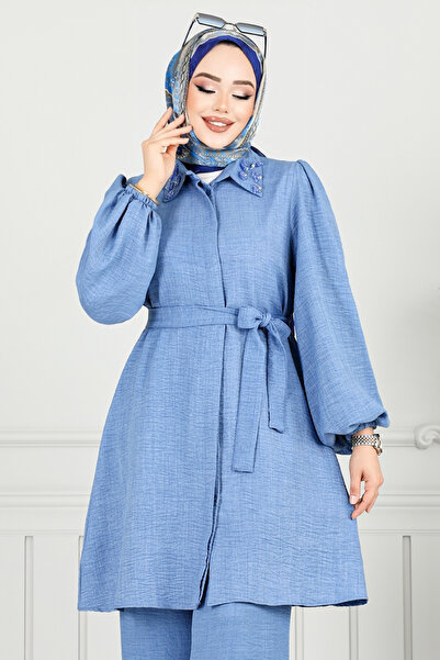 ModaMerve Stone Detailed Hijab Suit 8250Svl982-M Light Indigo