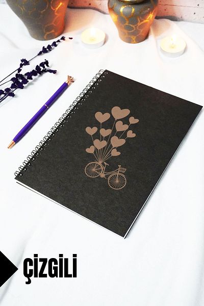 markcat A5 Bicycle Balloon Themed Black Kraft Cover Notebook - Lined Notebook - 60 Sheets (120 Pages) 15X21Cm