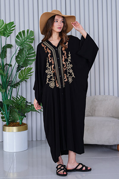 EL jadida Women's Embroidered Buttoned Plus Size Long Viscose Dress Black