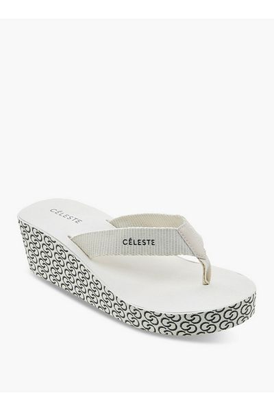 Celeste Women's Monogram Print Thong Slippers with Wedge Heels