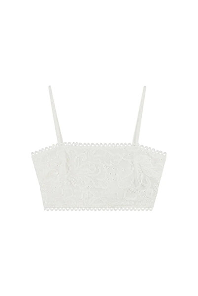 Nocturne Women's Thin Strap Crop Boy Guipure Detailed White Crop N25Yn15186-Brokenwhite