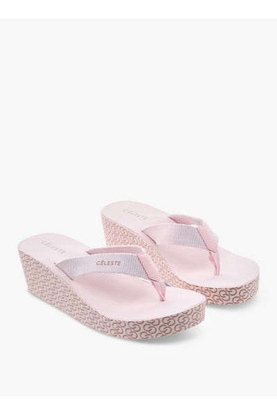 Celeste Women's Monogram Print Thong Slippers with Wedge Heels
