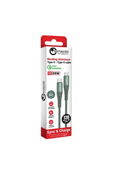 lemontti Cable Bending Aluminum Fast Charge Type-C to Type-C, PD 65W, 1.2m, Green