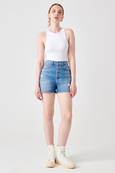 Denim Trip Straight Fit Yüksek Bel Patletli Orta İndigo Kadın Jean Şort