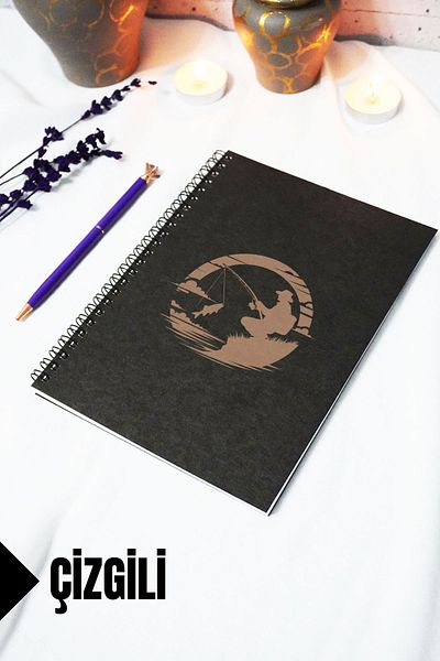 markcat A5 Fisherman Themed Black Kraft Cover Notebook - Lined Notebook - 60 Sheets (120 Pages) 15X21 cm