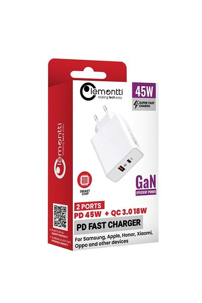 lemontti Gan Fast Charge 45w Network Charger 1 X Pd Type-c 1 X Usb-a Quick Charge 3.0 White