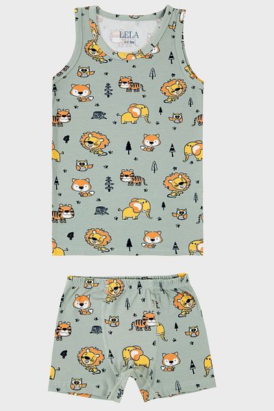Lela Patterned Stretch Cotton Crew Neck Singlet Boxer 2-Piece Underwear Suit Men's Children's Suit 6651010