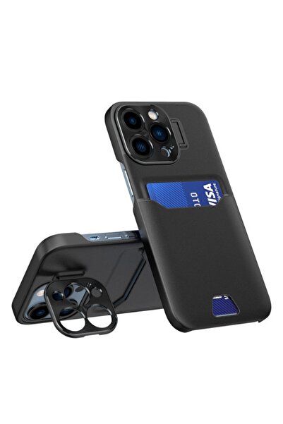 lemontti Husa Leather Stand iPhone 14 Pro Negru, cu suport pentru card