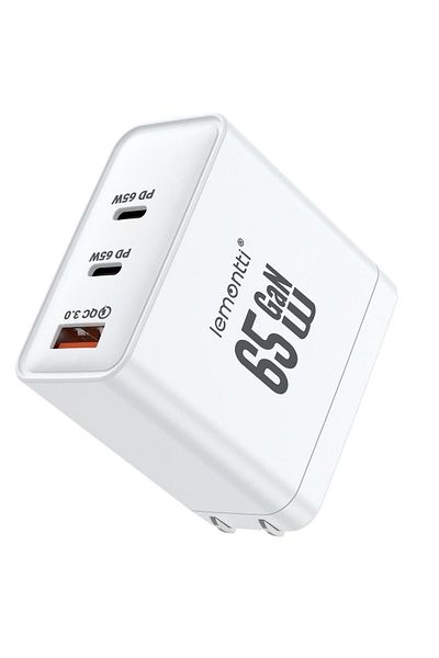 lemontti GaN Network Charger 2x Type-C and 1x USB-A, 65W, Fast Charge, EU Plug, White
