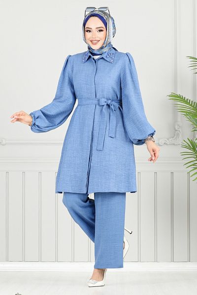 ModaMerve Set Hijab cu detalii de piatră 8250SVL982-M Indigo deschis