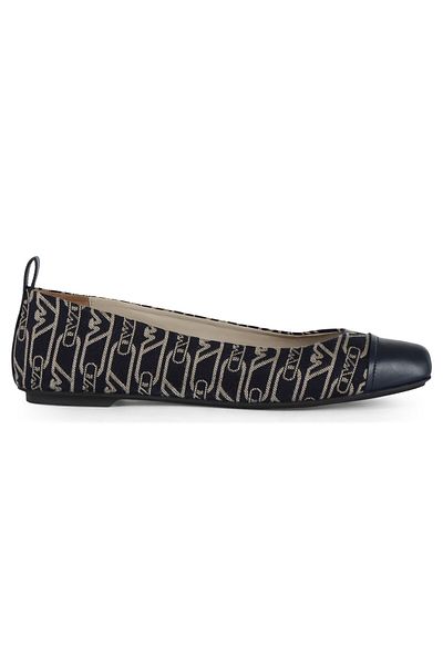 Emporio Armani Women's Round Leather Toe Eagle Logo Patterned Black Ballerinas X3D302 Xr381-E616