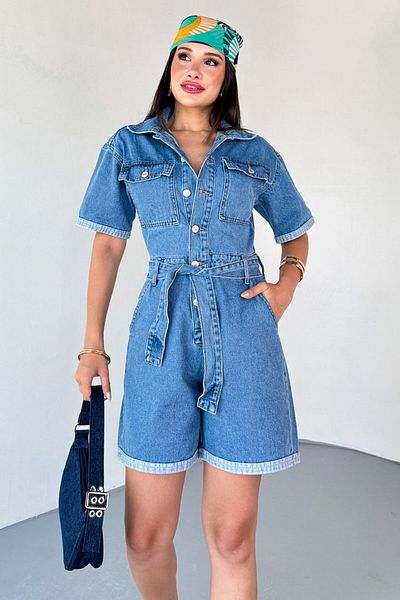 Cappmoda Elb-01804 Blue Short Sleeve Pocket Detailed Buttoned Denim Shorts Jumpsuit