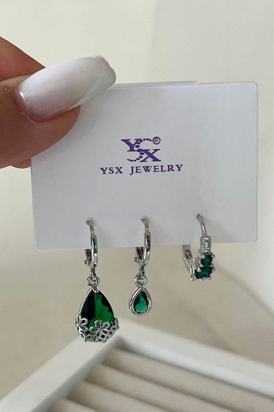 TAKIŞTIR مجموعة أقراط YSX مكونة من 3 قطع بتفاصيل حجرية فضية اللون