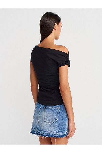 Dilvin 31885 Asymmetric Gathered Top-Black