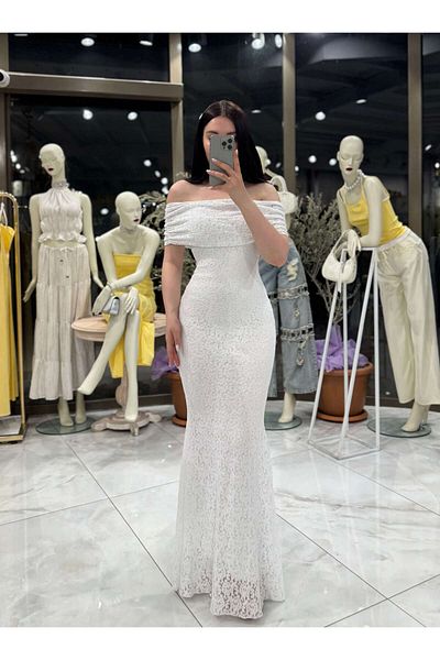 missswans Μακρύ φόρεμα με γιακά Leady Madonna Λευκό