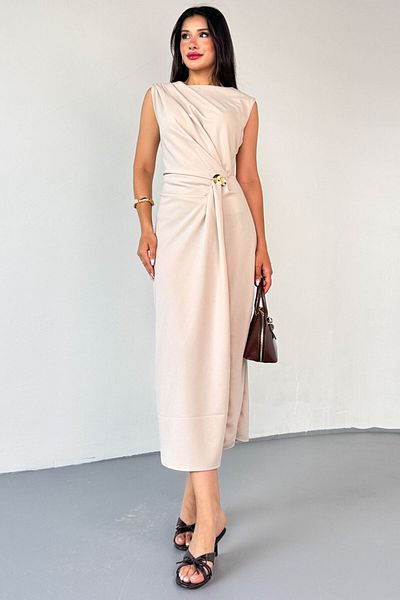 Cappmoda ELB-01796 Φόρεμα με κρεμ αγκράφα με λεπτομέρεια Draped Polyviscon