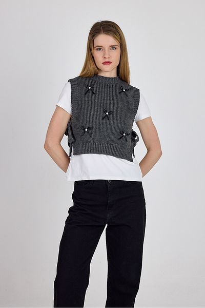 Rays Anthracite Ribbon Detailed Side Tie Knitwear Sweater 2101